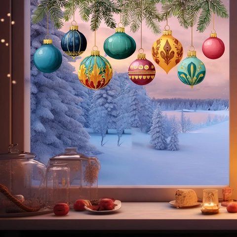 Weihnachts Fensteraufkleber Statische Haftung Kugeln Kiefernzweig Aufkleber Für Glasdisplay Feiertag Party Deko PVC Abnehmbare Sticker
