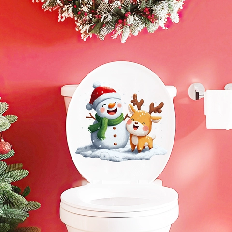 Weihnachtsschneemann Und Rentier Toilettendeckel Aufkleber PVC Wasserdicht Abnehmbar Wandtattoo Für Badezimmer Deko