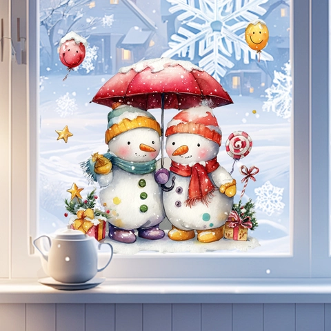 Weihnachten Schneemann Mit Regenschirm Fensteraufkleber PVC Elektrostatisch Abnehmbare Wasserdichte Glasaufkleber Deko