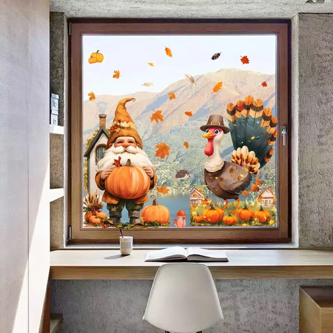 Thanksgiving Gnomes Maple Leaf Static Window Clings Pumpkin Turkey Autumn Harvest Window Stickers For Glass Decals Home Decor
