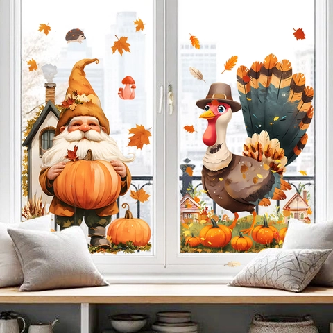 Thanksgiving Gnomes Maple Leaf Static Window Clings Pumpkin Turkey Autumn Harvest Window Stickers For Glass Decals Home Decor