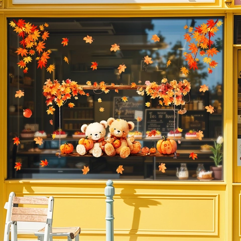 Pegatinas de Vidrio Estáticas de Osos de Otoño Calabaza Hoja de Membrillo Calcomanías de Ventana para Hogar Decoración Estacional