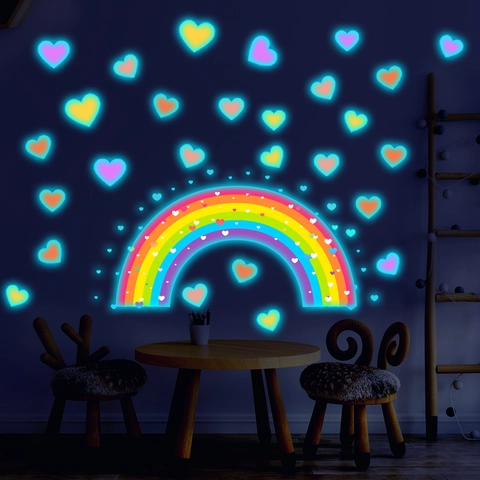 Adesivi Murali Luminosi Arcobaleno Cuore per Cameretta Bambini PVC Si Illumina al Buio DIY Decorazione Murale Cartone Animato