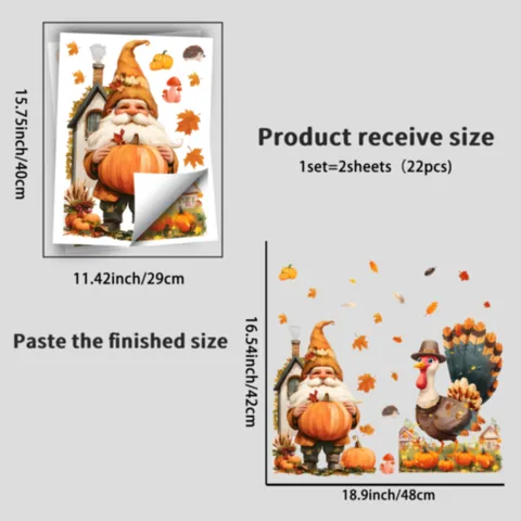 Thanksgiving Gnomes Maple Leaf Static Window Clings Pumpkin Turkey Autumn Harvest Window Stickers For Glass Decals Home Decor