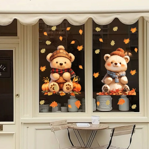 Pegatinas de Ventana de Oso de Dibujos Animados de Otoño Adhesión Estática Con Calabaza Hoja de Arce PVC Decoración de Vidrio Acción de Gracias