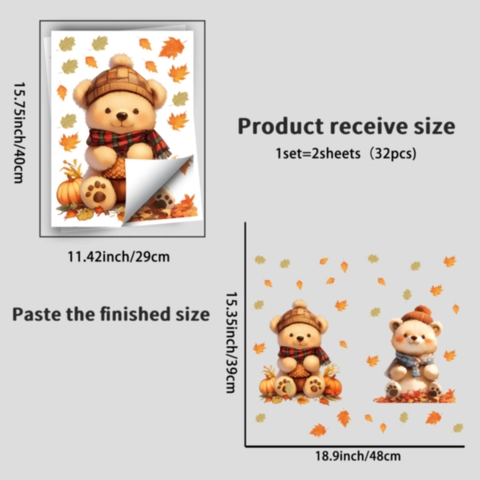 Pegatinas de Ventana de Oso de Dibujos Animados de Otoño Adhesión Estática Con Calabaza Hoja de Arce PVC Decoración de Vidrio Acción de Gracias