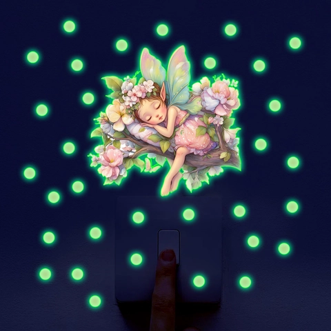 Adesivi Murali Fata Luminosi Si Illuminano Al Buio Decalcomanie PVC Per Camera Bambini Letto Fata E Pois Decorazione Fluorescente