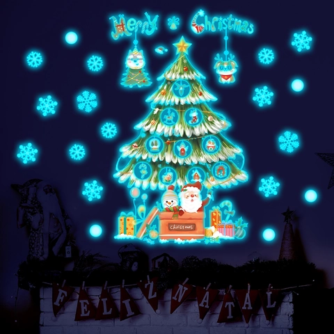 Weihnachten Leuchten Im Dunkeln Wandaufkleber Fluoreszierender Weihnachtsbaum Schneeflocken Weihnachtsmann PVC Leuchtende Aufkleber Für Kinderzimmer Party Home Deko