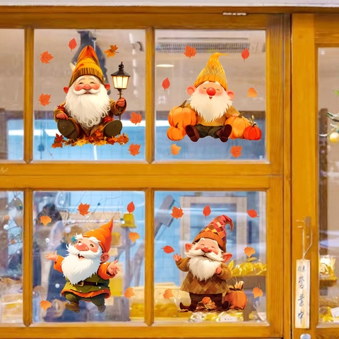 Vinilos de Ventana de Gnomo de Otoño y Hojas de Arce Adhesión Estática para Acción de Gracias Decoración de Cristal
