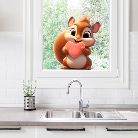 Cartoon Squirrel Glass Window Sticker 3D Static Cling Animal Holding Heart Decorative PVC Decal For Home Kitchen Bedroom Window Decoration