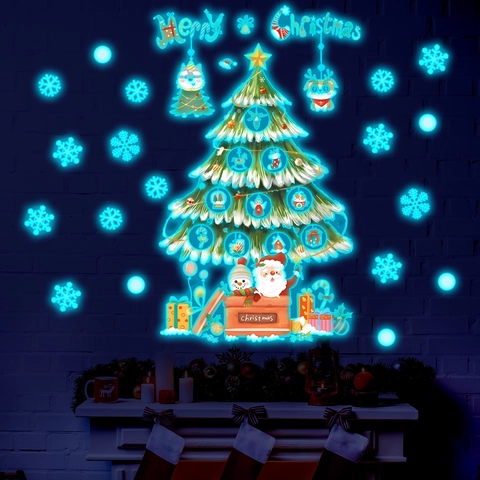 Weihnachten Leuchten Im Dunkeln Wandaufkleber Fluoreszierender Weihnachtsbaum Schneeflocken Weihnachtsmann PVC Leuchtende Aufkleber Für Kinderzimmer Party Home Deko