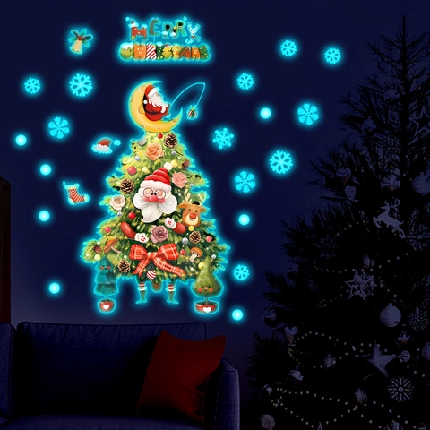 Adesivi Murali Luminosi Albero Di Natale Babbo Natale Glow In The Dark PVC Decalcomanie Per Soggiorno Camera Da Letto Festa