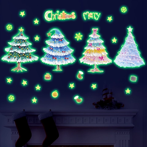 Pegatinas De Pared Árbol De Navidad Brillan En La Oscuridad Fluorescentes PVC Copo De Nieve Estrella Decoración Navideña Para Hogar