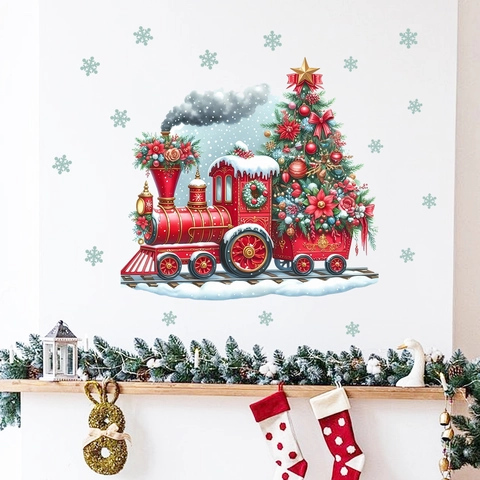 Christmas Train Wall Stickers PVC Snowflakes Window Decals For Living Room Bedroom Holiday Atmosphere Decoration Red Vintage Train