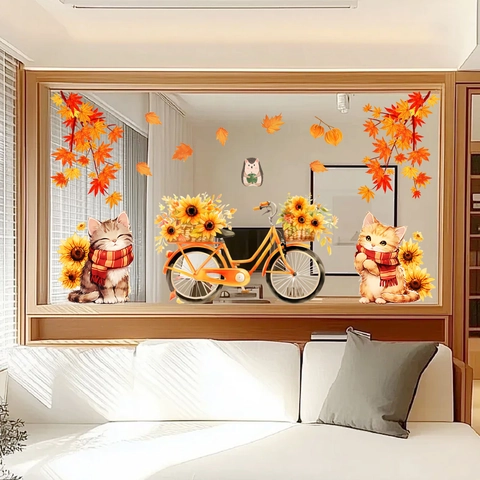 Dankzeggingsdag Herfst Vensterstickers Schattige Katten Fiets Zonnebloem Esdoornblad Statische Hechting PVC Glas Decoratie