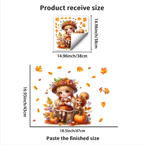 Thanksgiving Herbst Fensteraufkleber Süßes Cartoon Mädchen Eichhörnchen Kürbis Ahornblatt Statisch Haftende Glas Deko Herbst Ernte Heimdekor