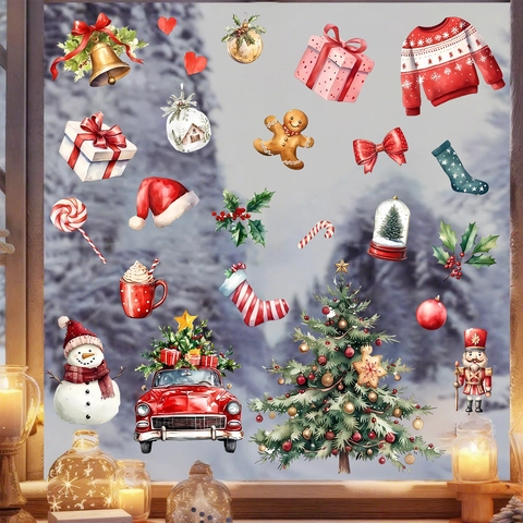 Pegatinas Estáticas para Ventana de Navidad Acuarela Árbol de Navidad Muñeco de Nieve Cascanueces PVC Decoración Hogar
