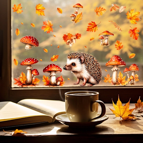 Adhesivos de Ventana de Otoño Decoraciones de Acción de Gracias Erizo Hojas de Membrillo Champiñón Adherencia Estática Calcomanías