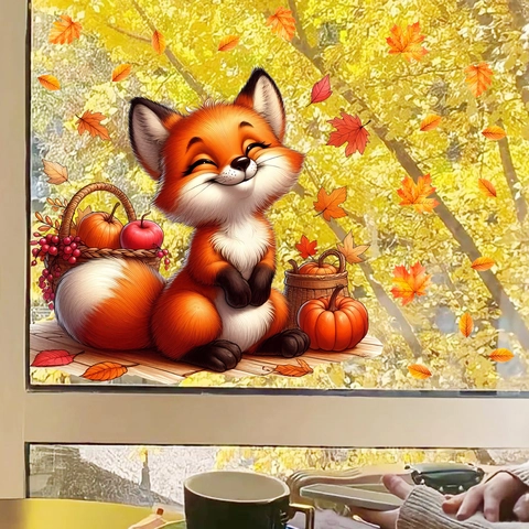 Otoño Acción de Gracias Lindo Ardilla Zorro Adhesivos para Ventanas Electrostático Hoja de Arce Calabaza Pegatinas de Cristal