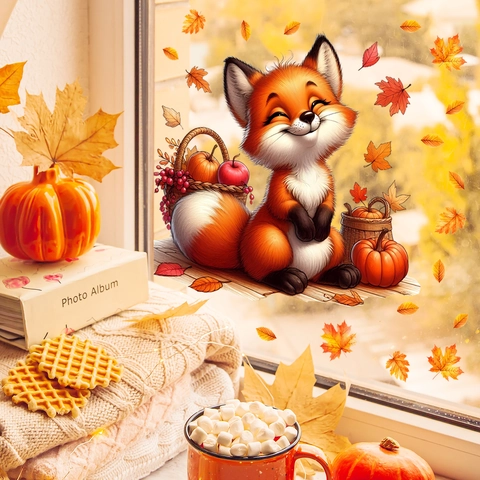 Otoño Acción de Gracias Lindo Ardilla Zorro Adhesivos para Ventanas Electrostático Hoja de Arce Calabaza Pegatinas de Cristal