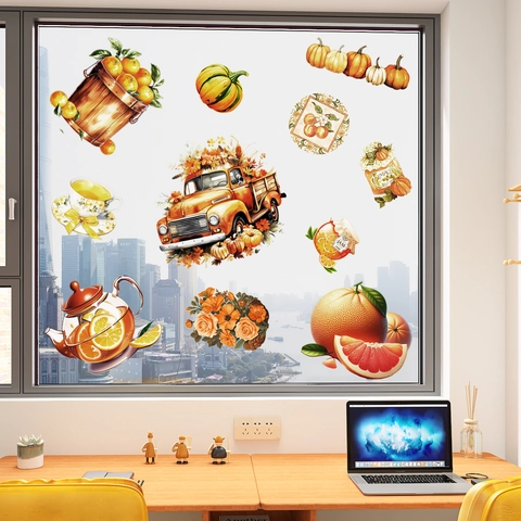Thanksgiving Herfst Oogst Vensterstickers Statische PVC Stickers Pompoen Vrachtwagen Patroon Voor Glas Vakantie Decoratie