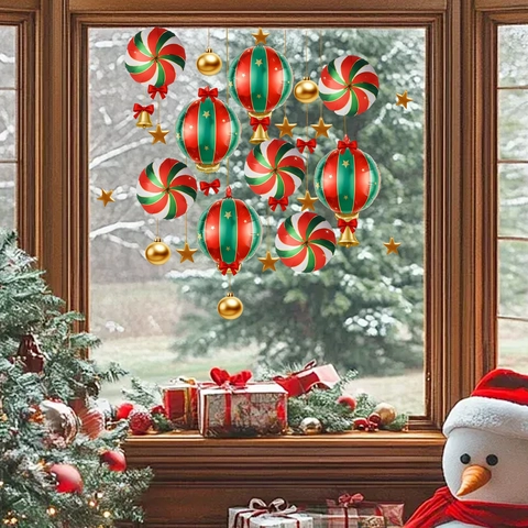 Adesivi per Finestre di Natale Elettrostatici in PVC Stelle Campanelli Caramelle Decorazione Vetro Soggiorno Camera da Letto