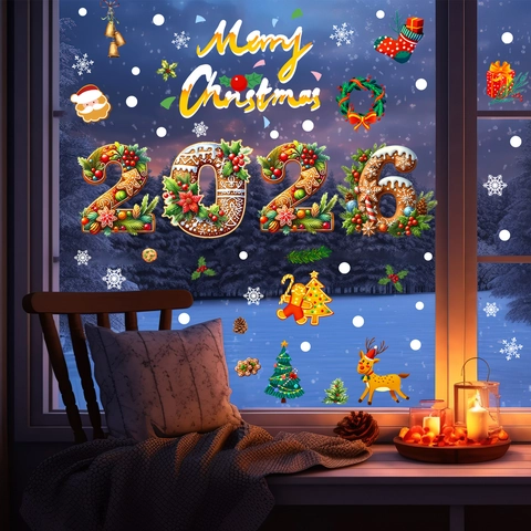 Natale 2026 Omino di Pan di Zenzero Renna Fiocco di Neve Adesivi Statici Finestra PVC Decalcomanie Buon Natale Capodanno Festa Decorazioni