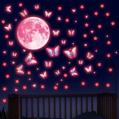 Luminous Pink Moon Star Butterfly Wall Stickers Glow In The Dark Ceiling Decals For Kids Room Bedroom Nursery Decor