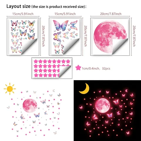 Luminous Pink Moon Star Butterfly Wall Stickers Glow In The Dark Ceiling Decals For Kids Room Bedroom Nursery Decor