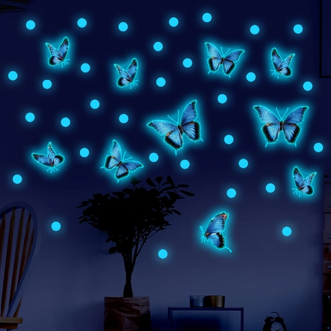 Pegatinas De Pared De Mariposa Azul Luminosas Puntos Que Brillan En La Oscuridad Calcomanías De PVC Para Habitación De Niños