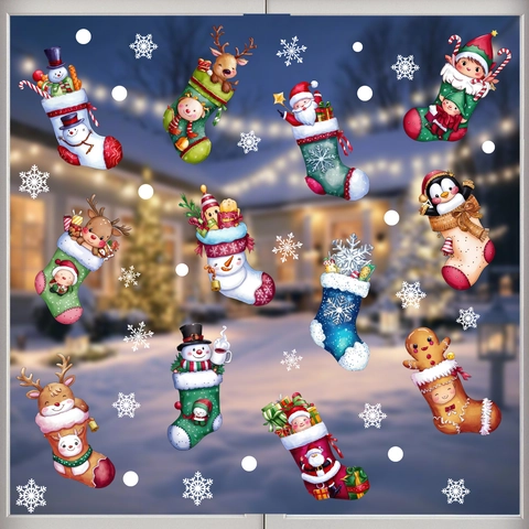 Weihnachten Fensteraufkleber Statisch Haftend PVC Weihnachtsmann Strumpf Rentier Schneeflocke Glas Dekoration Haus