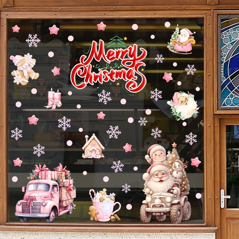 Calcomanías de Ventana Navideñas Rosas Papá Noel Camión Rosa Hombre de Jengibre Pegatinas de Vidrio PVC Estático Decoración