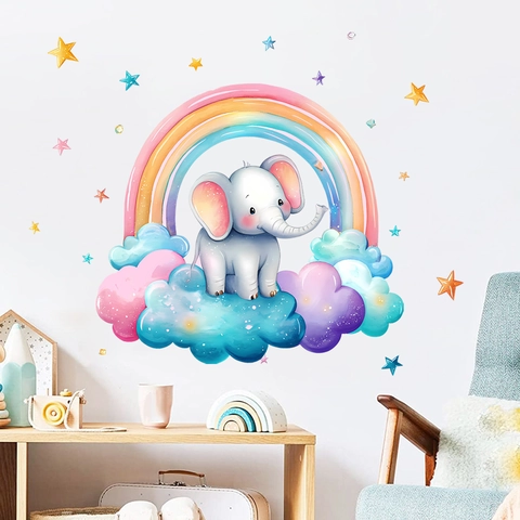 Watercolor Cartoon Elephant Rainbow Wall Sticker For Kids Nursery Room Decor PVC Self-Adhesive Cloud Stars Wall Decal Wallpaper