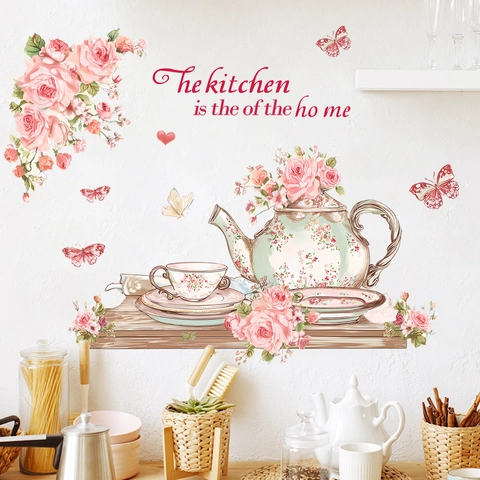 Küche Wandtattoo Vintage Floral Rose Schmetterling PVC Wasserdicht Englisch Spruch Teekanne Wandaufkleber Wohnkultur