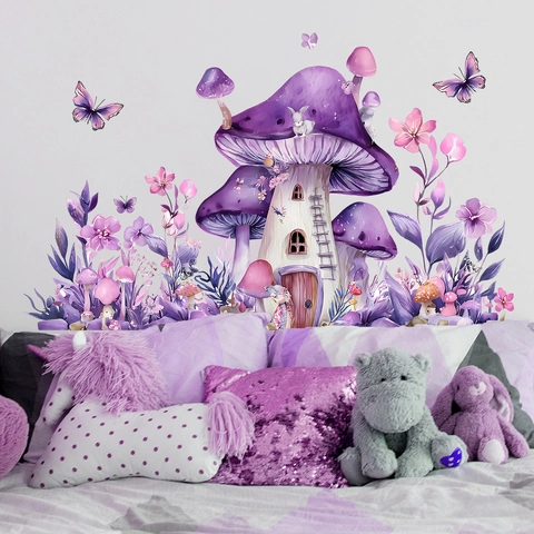 Adesivo da Parete a Forma di Casa a Fungo Rosa Viola per Cameretta Farfalla Fiore Sogno PVC Acquerello Decorazione Vivaio Murale DIY