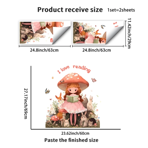 Cartoon Lesendes Mädchen Pilzhut Wandaufkleber Waldtiere Hase Eichhörnchen Motivierender Text PVC Aufkleber Für Kinderzimmer Deko