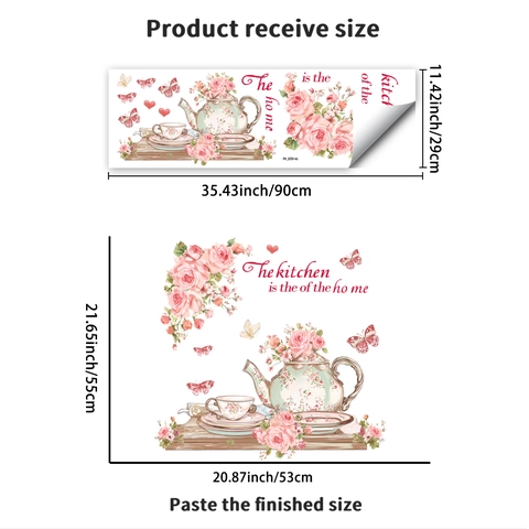 Küche Wandtattoo Vintage Floral Rose Schmetterling PVC Wasserdicht Englisch Spruch Teekanne Wandaufkleber Wohnkultur