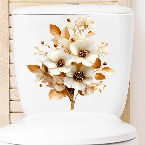 Autocollant de Toilettes Fleur Créatif Effet 3D Imperméable Auto-Adhésif Feuille d'Or Champagne PVC Décoration de Salle de Bain Murale
