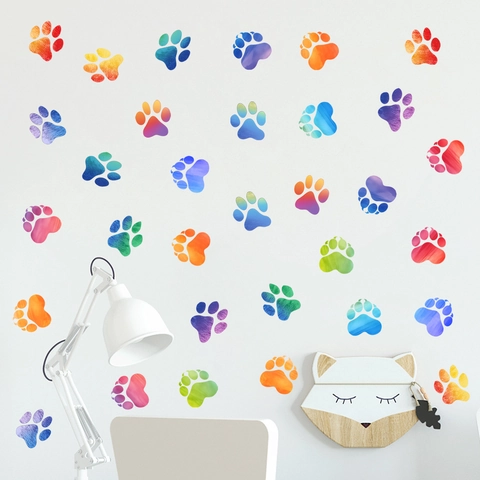 Colorful Rainbow Gradient Paw Print Wall Stickers Waterproof PVC Animal Footprint Decals For Children Room Bathroom Home Decor