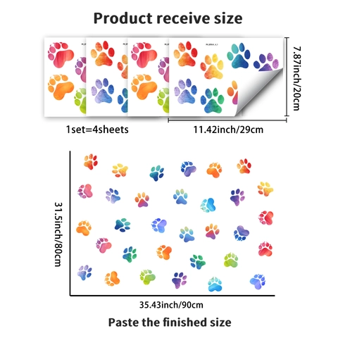 Colorful Rainbow Gradient Paw Print Wall Stickers Waterproof PVC Animal Footprint Decals For Children Room Bathroom Home Decor