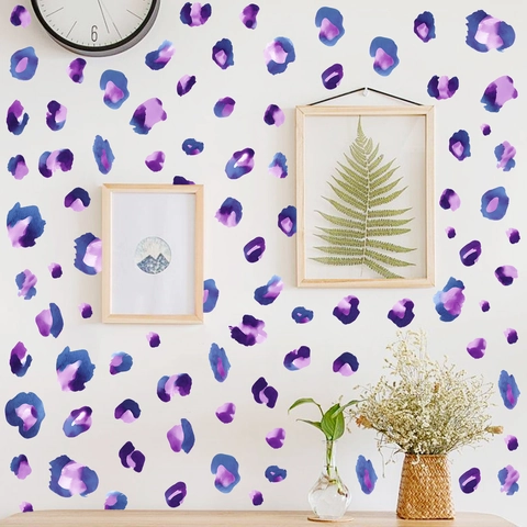 Vinilos de Pared con Estampado de Leopardo Violeta Azul Manchas de Acuarela PVC Autoadhesivos para Dormitorio Salón