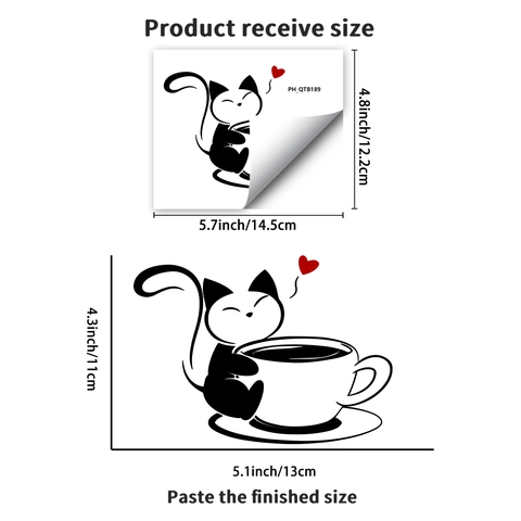 Simpatico Gatto Cartone Animato Tazza da Caffè Adesivo Parete PVC Removibile DIY Interruttore Decoro Modello Cuore Rosso