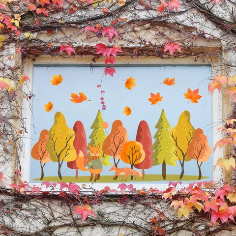 Herbst Wald Fuchs Ahornblatt Fensterbilder PVC Statische Haftung Doppelseitig Sichtbare Glas Wandtattoo Für Fall Dekoration