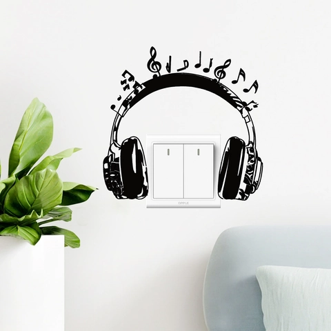 Adesivo da Parete Creativo con Cuffie e Note Musicali Decalcomania in PVC Impermeabile per Interruttore Luce per Soggiorno
