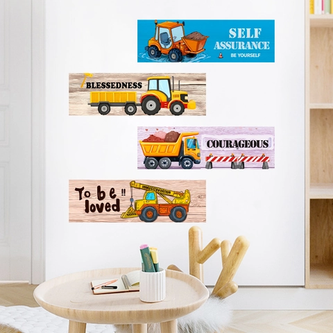 Cartoon Construction Vehicle Wall Stickers For Kids Room Decor Inspirational Quotes PVC Removable Wall Decal Theme Set