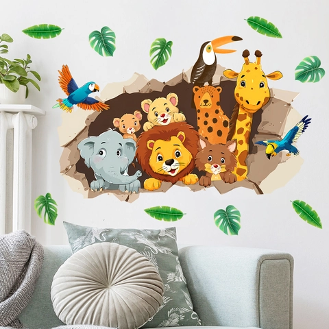 3D Durchbruch Dschungeltiere Wandaufkleber Löwe Elefant Giraffe Cartoon Wald Wandtattoos Für Kinderzimmer Schlafzimmer Deko