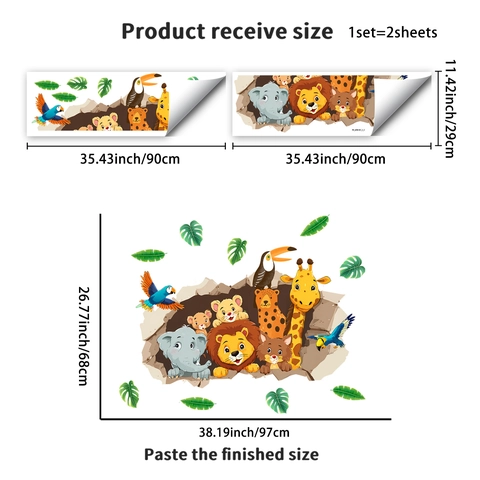 3D Durchbruch Dschungeltiere Wandaufkleber Löwe Elefant Giraffe Cartoon Wald Wandtattoos Für Kinderzimmer Schlafzimmer Deko
