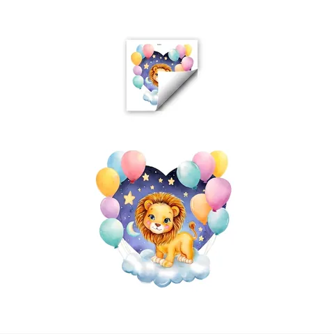 Adesivo da Parete Leone in Cartone Animato Acquerello Su Nuvola Con Palloncini Colorati Sfondo Cuore Stellato PVC Autoadesivo per Cameretta