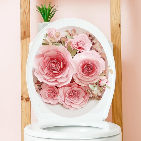 Pegatina de Inodoro Rosa 3D Impermeable Autoadhesiva Baño Calcomanía de Pared Moderno Floral PVC Decoración Hogar Arte
