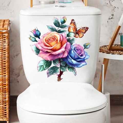 Realistische Rose Blume Schmetterling Toilettendeckel Aufkleber Wasserdicht PVC Abnehmbar Badezimmer Deko Wandaufkleber